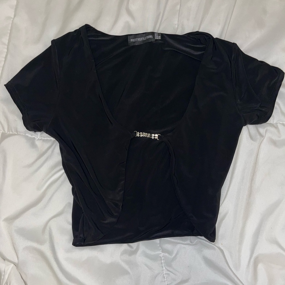 PLT Black Slinky Short Sleeve Diamante Detail Crop Top